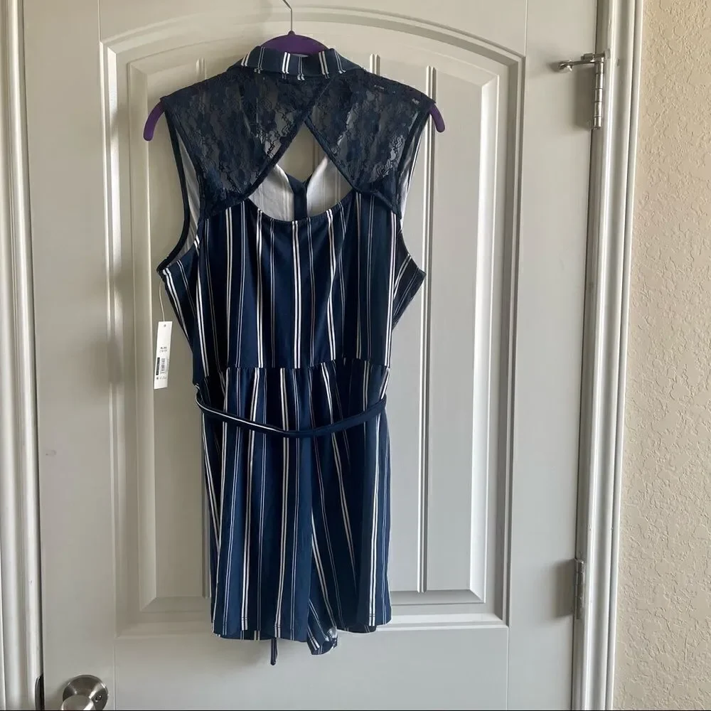 No Boundaries Juniors' Blue Striped Lace Back Romper; SZ XL (15-17); BNWT